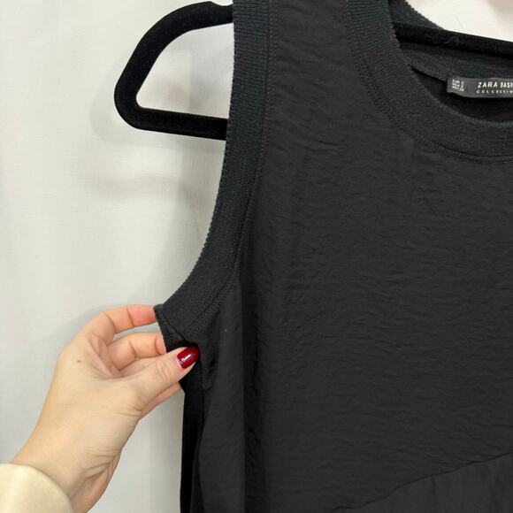 Zara Basics Collection Black Crew Neck Asymmetrical Scallop Hem Black Top S - Picture 4 of 5
